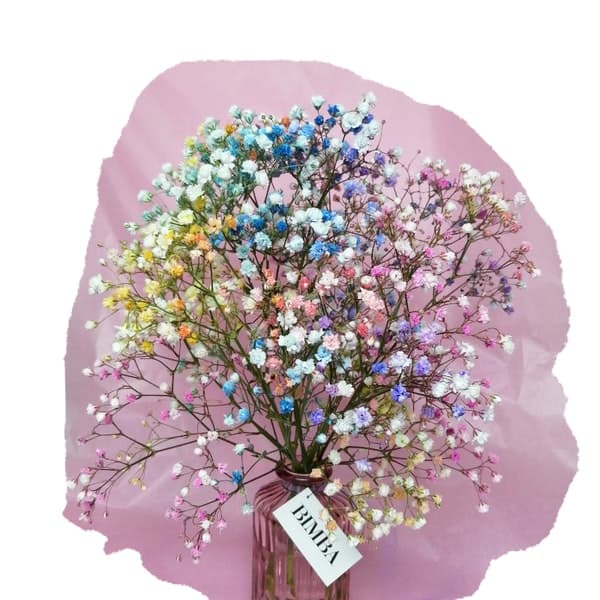 TOKYO BOUQUET by BIMBA FLORAL STUDIO Happiness in a bouquet!! :) Perfect to add a pop of colour like a little rainbow to any place. Mini floral arrangement featuring rainbow gypsophila, in a lovely vintage style glass vase, ready to enjoy.
