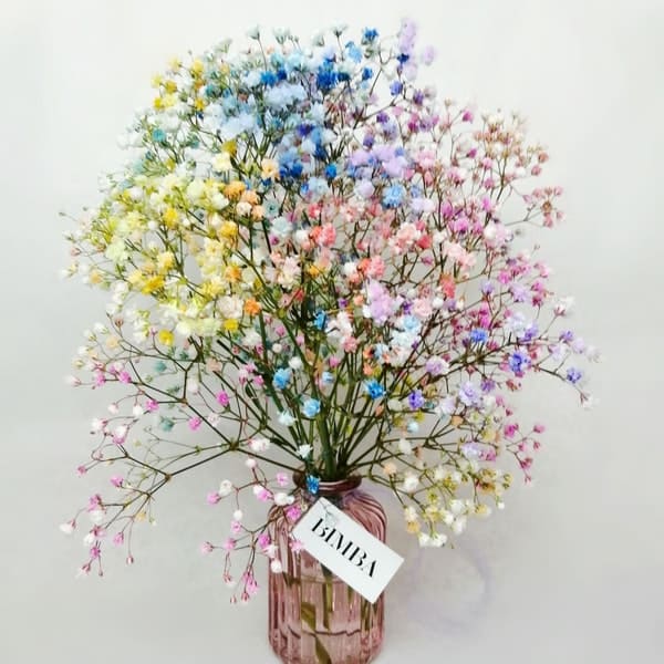 TOKYO BOUQUET by BIMBA FLORAL STUDIO Happiness in a bouquet!! :) Perfect to add a pop of colour like a little rainbow to any place. Mini floral arrangement featuring rainbow gypsophila, in a lovely vintage style glass vase, ready to enjoy.