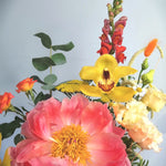 Lovely and happy! Summery flower arrangement in orange, coral and cream tones, featuring, double lisi, Amaranthus, orange roses, dancer Caribbean orchids, snapdragon, bunny tails and our star of the season Peony 'coral charm' abundant, nostalgic, large, elegant glossy coral-cream coloured, semi-double flowers with a slight fragrance as they mature. Just beautiful!! This flower bouquet is available for same day delivery and next day delivery at our floral studio at Highgate ( North London Flowers ).