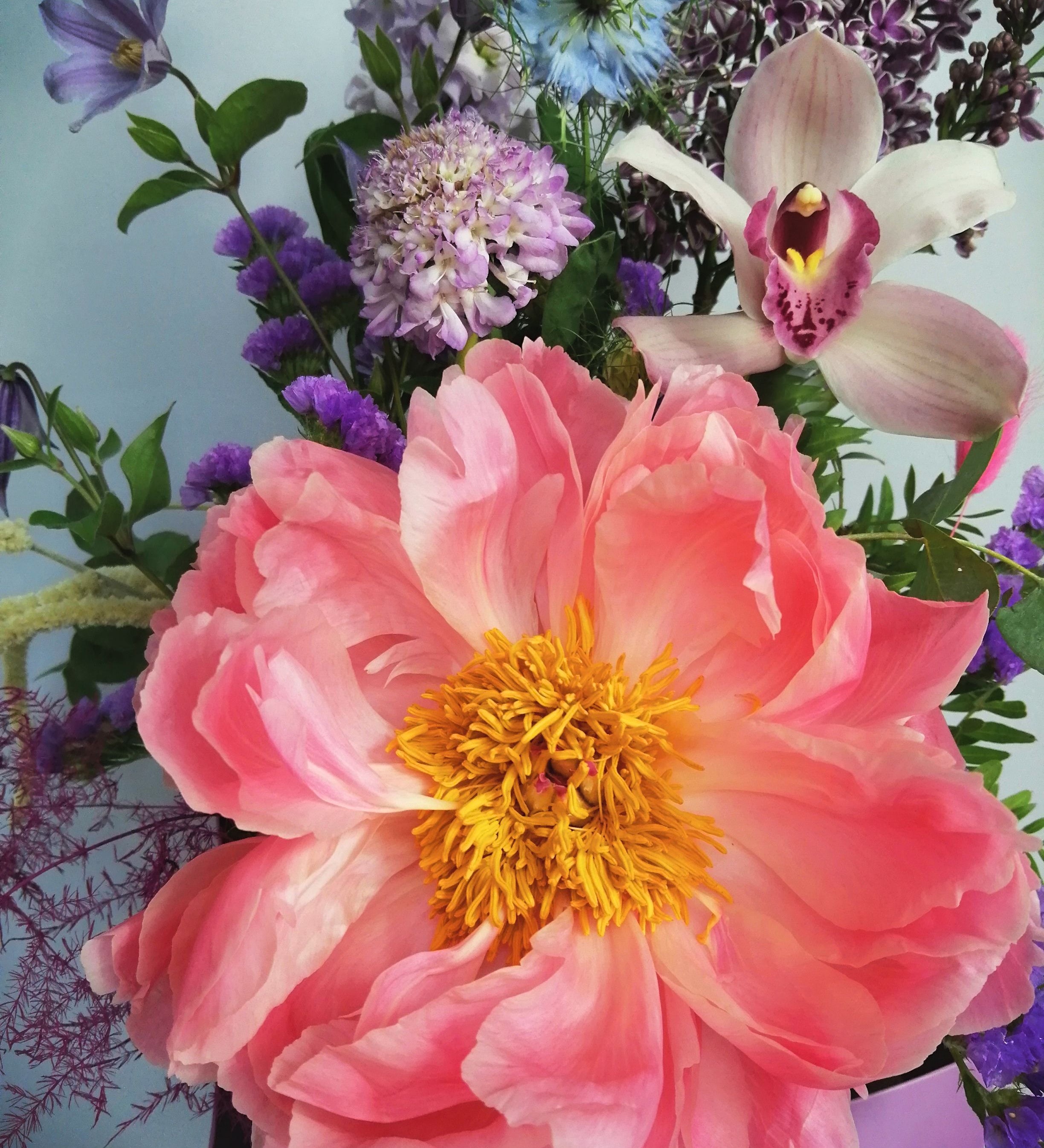 CELINE BOUQUET Beautiful flower arrangement, featuring a mix of summery flowers in lovely violet, blue and coral tones, like orchids, delphinium, French Clematis, Limonium, Sweet scented eucalyptus and colourful asparagus fern accompanied of our star 'Peony Coral Charm' perfect to brightening up the day. By Bimba Floral Studio.