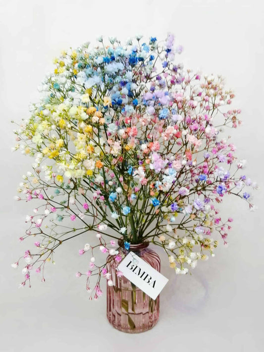TOKYO BOUQUET by BIMBA FLORAL STUDIO Happiness in a bouquet!! :) Perfect to add a pop of colour like a little rainbow to any place.  Mini floral arrangement featuring rainbow gypsophila,  in a lovely vintage style glass vase, ready to enjoy.