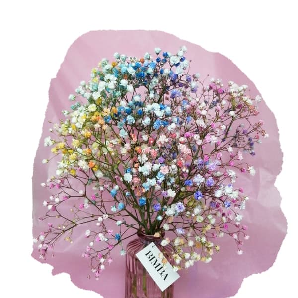 TOKYO BOUQUET by BIMBA FLORAL STUDIO Happiness in a bouquet!! :) Perfect to add a pop of colour like a little rainbow to any place.  Mini floral arrangement featuring rainbow gypsophila,  in a lovely vintage style glass vase, ready to enjoy.